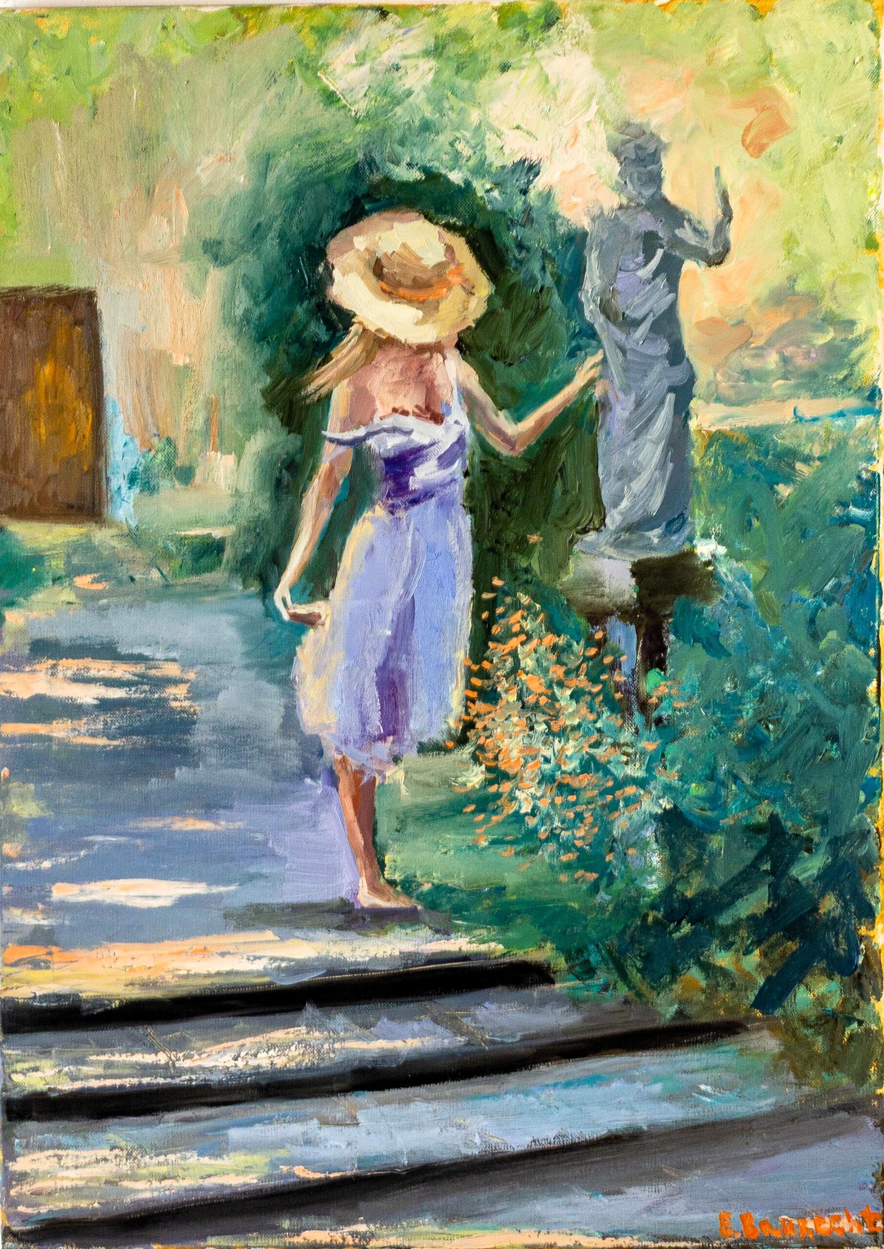 Diese frühe Arbeit zeigt eine helle, atmosphärische Gartenszene mit einer weiblichen Figur. Der lockere malerische Duktus, das Licht und die Bewegung verleihen dem Bild eine impressionistische Leichtigkeit und erzählen von einem flüchtigen Moment im Alltag. Frühe Malerei „Sommertag“ von Elena Baurecht mit weiblicher Figur in einer lichtdurchfluteten Gartenszene.
