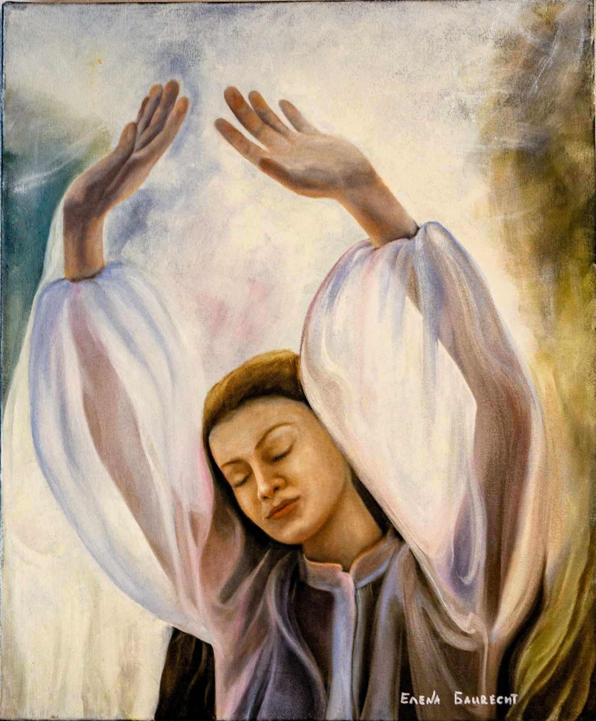 Ein frühes Werk von Elena Baurecht, das eine stille, nach innen gerichtete Geste zeigt. Die erhobenen Hände und der gesenkte Blick verleihen der Figur eine spirituelle, fast ikonische Präsenz und verweisen bereits auf das spätere Interesse der Künstlerin an Symbolik, Erinnerung und inneren Zuständen. Frühes Werk „Gebet“ von Elena Baurecht mit weiblicher Figur, erhobenen Händen und spiritueller Stimmung.
