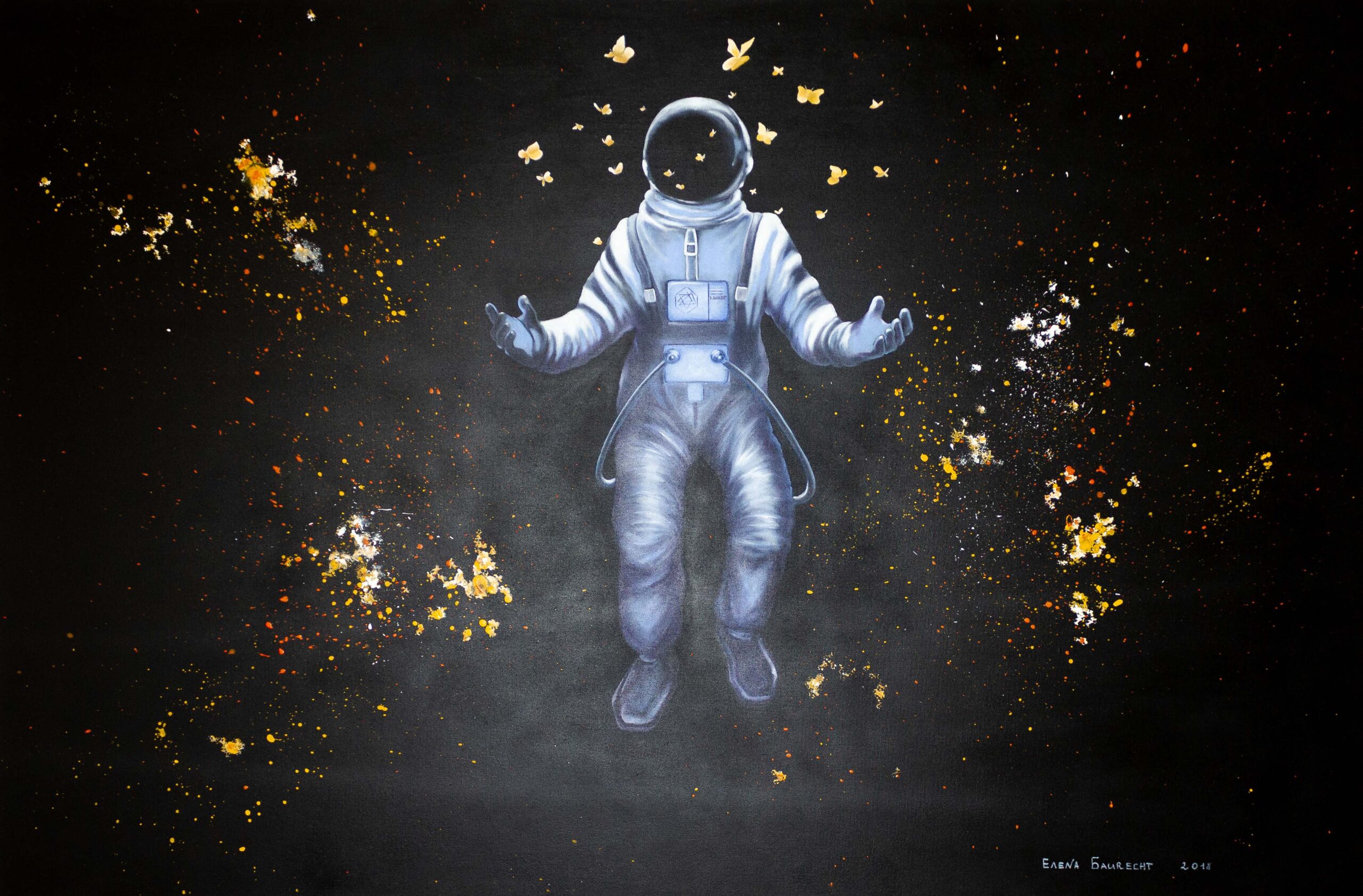„Auferstehung“ verbindet die kosmische Bildwelt der Serie mit dem Motiv des Neubeginns. Die Figur erscheint wie schwebend im dunklen Raum – als Zeichen für Wandlung, innere Kraft und den Moment, in dem aus Stille wieder Bewegung entsteht. Werk „Auferstehung“ von Elena Baurecht mit schwebender Astronautenfigur vor dunklem kosmischem Hintergrund.