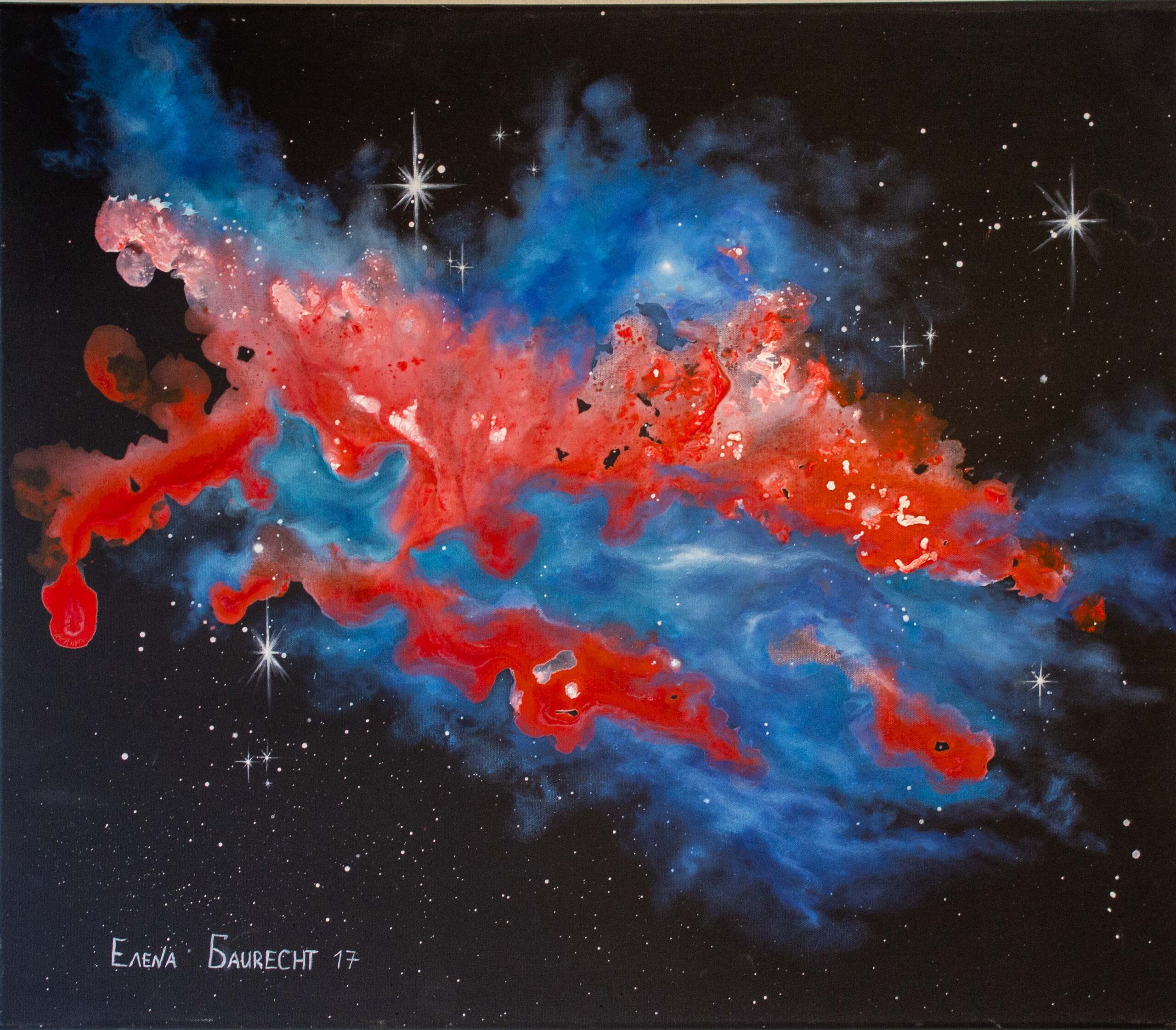 „Galaxien Nebel“ öffnet einen abstrakten kosmischen Bildraum aus Farbe, Bewegung und Tiefe. Das Werk erinnert an ferne Galaxien und macht den Kosmos als geheimnisvollen, wandelbaren Raum der Vorstellung sichtbar. Werk „Galaxien Nebel“ von Elena Baurecht mit abstrakter kosmischer Komposition in Öl und Acryl.