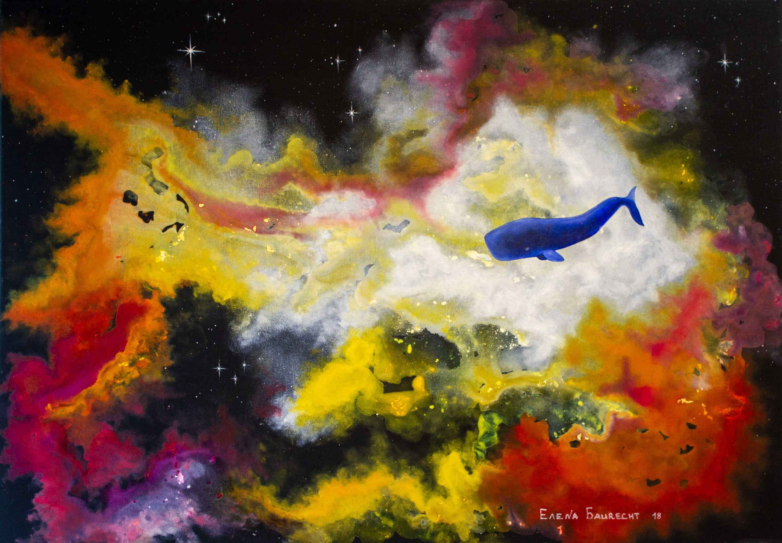 „Whale Nebula“ verbindet eine abstrakte kosmische Bildwelt mit der Assoziation einer schwebenden, organischen Form. Das Werk erinnert an einen Nebel im Universum, in dem Farbe, Tiefe und Bewegung zu einer poetischen Vorstellung von Weite verschmelzen. Werk „Whale Nebula“ von Elena Baurecht mit abstrakter kosmischer Komposition in Öl und Acryl.