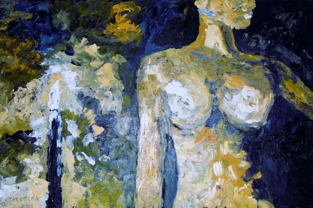 Expressives Aktbild „Jenseits“ von Elena Baurecht mit weiblichem Oberkörper in dunklen Blau-, Grün- und Ockertönen, gemalt mit gespachtelten Farbschichten.
